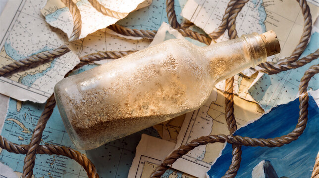 An aged glass bottle filled with sand rests upon tattered nautical maps and weathered rope, evoking a sense of maritime adventure and the mystery of lost marine treasures found at sea.
