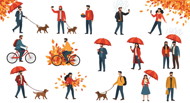 People walking dogs, riding bicycles, and carrying umbrellas in a rainy autumn park with falling orange and red leaves.
