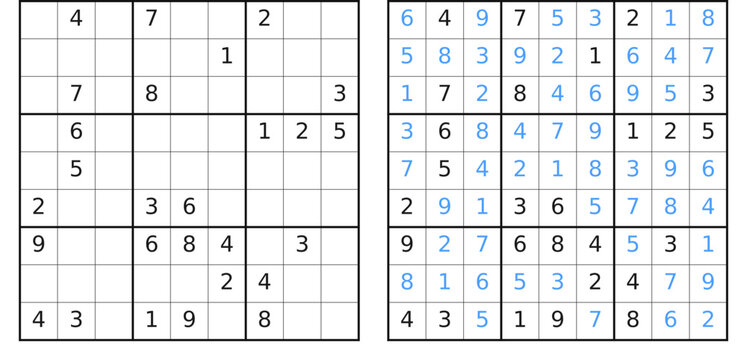Hard vector sudoku with solution. Challenging number puzzle game for adults on white background.