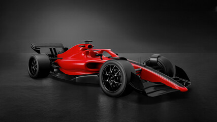 Fototapeta premium Race car and driver angled view isolated on Dark background. 3D Rendering