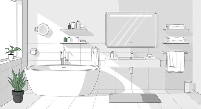 Clean and minimalist modern bathroom interior design with a freestanding bathtub, vanity sink, large mirror, and plants.