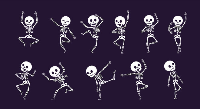 Collection of funny white cartoon skeletons in various dancing and yoga poses isolated on a dark purple background.