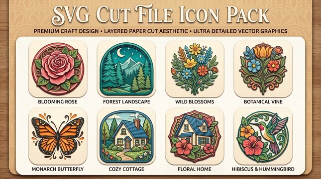 Detailed Nature-Inspired Vector Icon Pack Layered Graphics for Digital Crafting, Featuring Botanical, Wildlife, and Scenic Landscape Illustrations