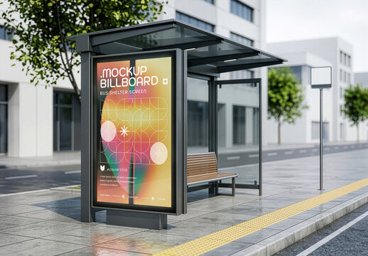 Urban Bus Stop Screen Mockup, Vertical Poster Display