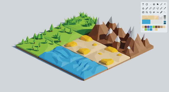 Isometric low poly landscape kit, 3D environment map tiles with mountains and desert, modular nature terrain creator for game design