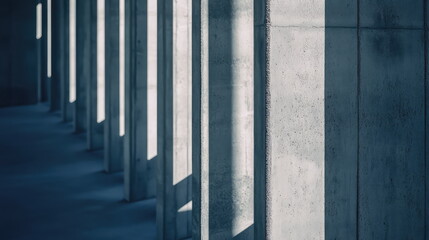 Obraz premium Concrete columns in repeating minimalist rhythm, harsh sunlight slicing long shadows to create bold geometric contrasts and a raw, brutalist interplay of light and texture