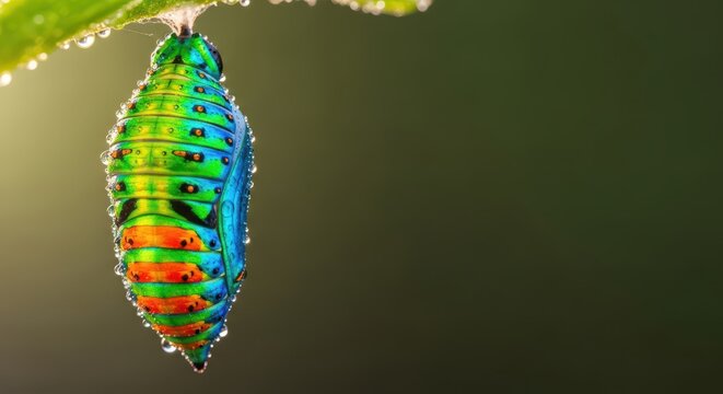 A close-up view of a vibrant insect pupa hanging from a stem, illustrating the delicate stage of biological transformation in the wild, detail, development, entomology