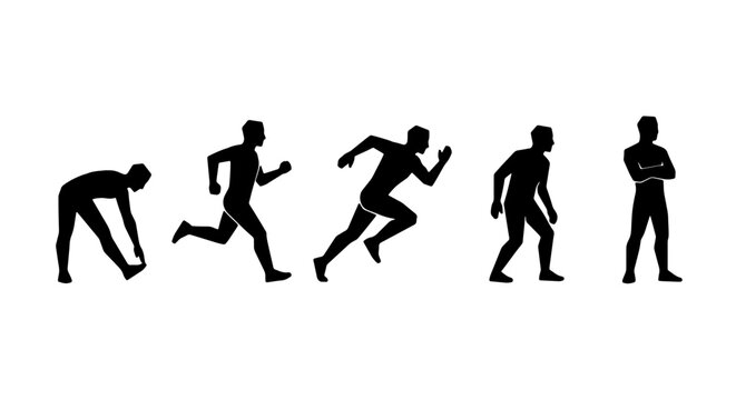 Athletic Human Figure Poses Vector Set, Dynamic Running Silhouettes, Sports Action Icons, Fitness Training Movements, Male Athlete Illustration