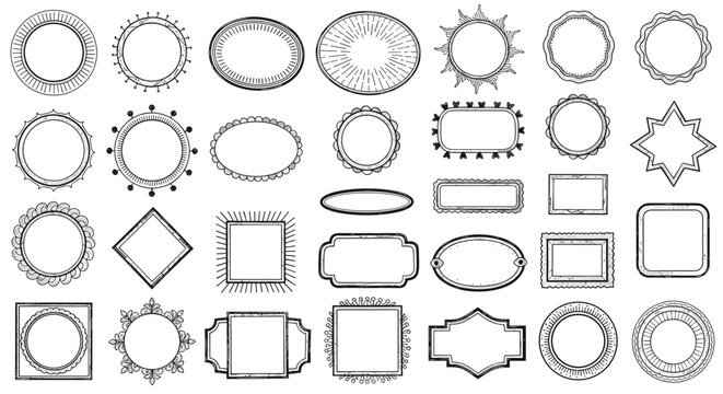 Large collection of ornate vintage decorative frames and borders in various shapes like circles, ovals, and rectangles.
