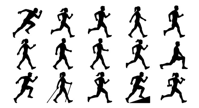Diverse Human Silhouettes Collection: Running, Walking, Nordic Trekking Poses, Vector Icons for Fitness and Activity Graphics