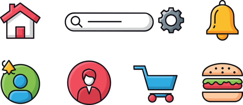 Essential App Icon Set with Home, Search, Notification, User, Cart, and Burger for Mobile and Web Applications