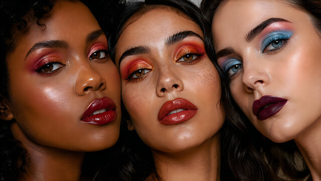 Women makeup closeup face glitter eyeshadow bold lips