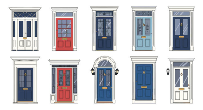 Collection of various architectural front door designs in different colors, styles, and shapes with windows and transoms.