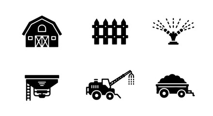 Farm Icons Set: Barn, Fence, Sprinkler, Spreader, Tractor, Manure Cart - Agricultural Vector Graphics for Rural Concepts © Mahir