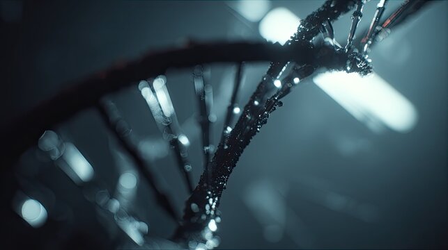 Dna helix structure representing genetic data and scientific research in biology, highlighting molecular complexity, biotechnology, and medical advancements with a futuristic blue light