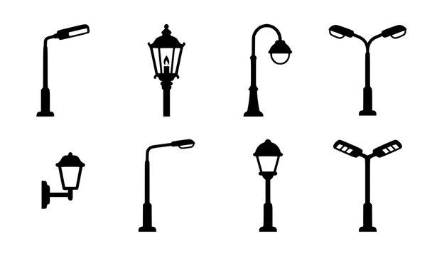 Set of vintage and modern street light and lamp post silhouettes
