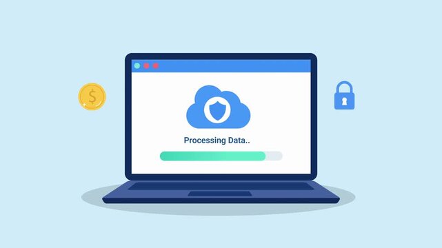 Animated flat illustration of a laptop displaying secure payment processing interface with finance and protection elements, representing digital transactions and online security.