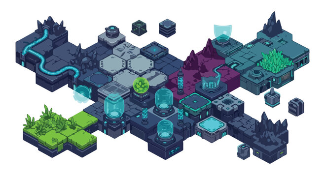 Isometric pixel art game tileset, futuristic sci-fi map construction kit, cyberpunk laboratory and alien terrain environment for level design