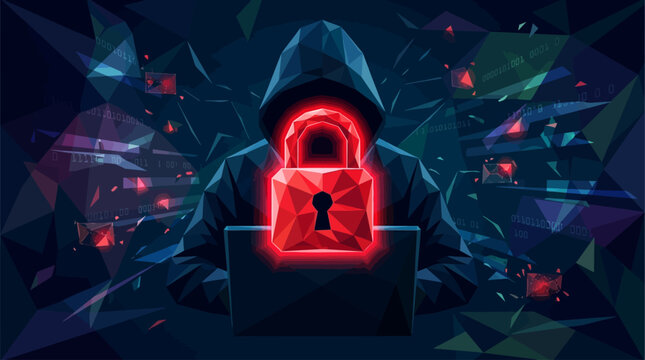 Cyber security threat concept with hacker silhouette in low poly style. Glowing red lock icon on dark digital background symbolizes online fraud and cyber attack danger. Vector illustration