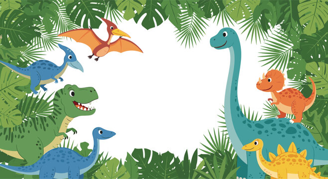 Diverse collection of cartoon dinosaur characters surrounded by tropical jungle leaves in a decorative frame for children.