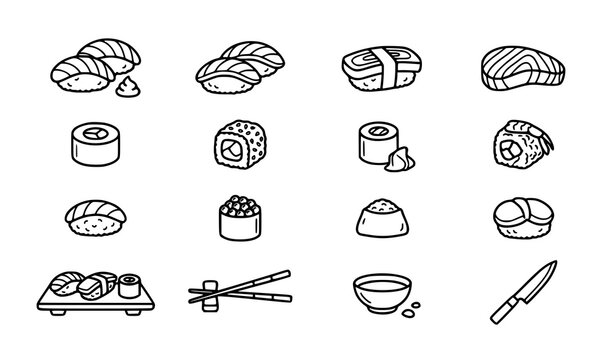 Delicious Japanese sushi and sashimi rolls vector icon set