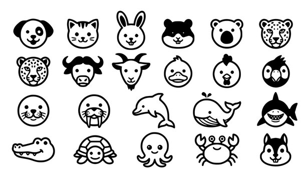 Large collection of cute cartoon animal face line art icons