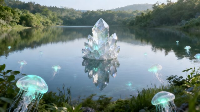 Crystal formation in serene lake with jellyfish