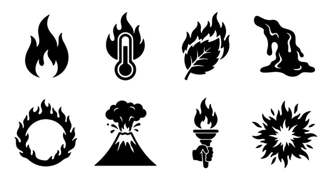 Set of 8 Black Fire and Heat Icons, Vector Graphics for Danger, Energy, and Natural Elements