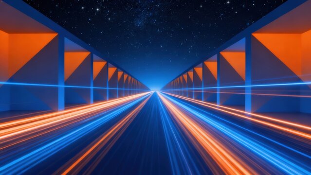 Abstract corridor with light trails and starry sky