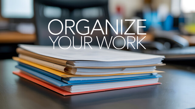 A stack of colorful notebooks on a desk with the words organize your work
