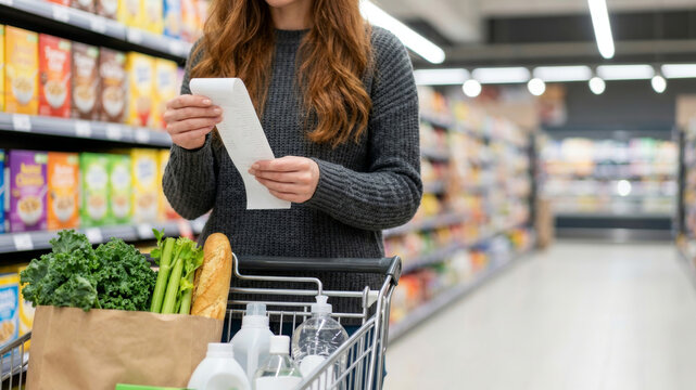 Grocery expensive receipt shopper supermarket aisle budget planning price comparison food.Economic inflation crisis. supermarket retail purchase, price cost increase rise, client budget poor