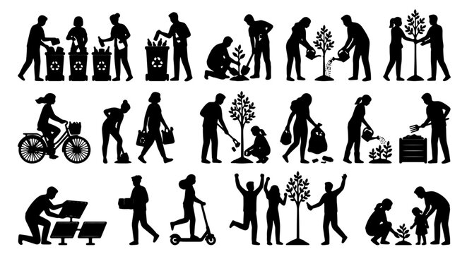 Eco-Friendly Lifestyle Silhouettes: Recycling, Gardening, Cycling, Solar Power, 25 Vector Elements for Sustainable Living Concepts