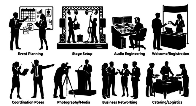 Event Planning Icons Set: Business Networking, Stage Setup, Audio Engineering, Photography, Welcome, Catering, Coordination, Vector Graphics