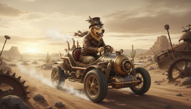 Dog in steampunk attire joyfully drives a vintage buggy across a sunlit desert landscape