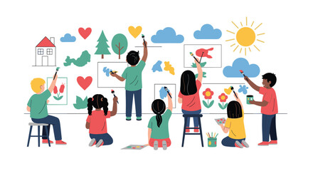 Fototapeta premium Diverse group of children creatively painting colorful murals of sun, clouds, hearts, and trees on a large community wall.