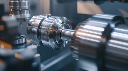 Fototapeta premium Automated cnc machine producing shiny steel parts, showcasing high precision machining, advanced digital manufacturing, robotics and modern industrial production processes