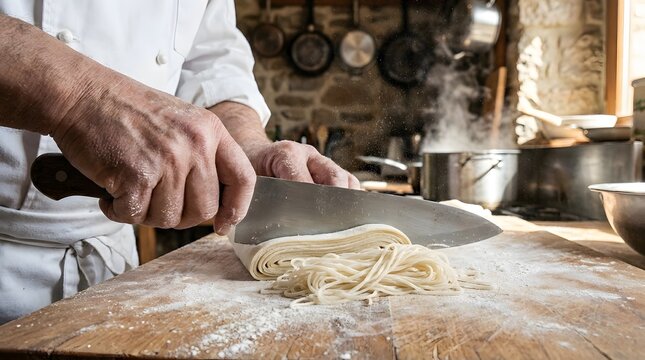 Chef cutting fresh homemade pasta noodles on a wooden board with flour, steam rising from pots in a rustic kitchen