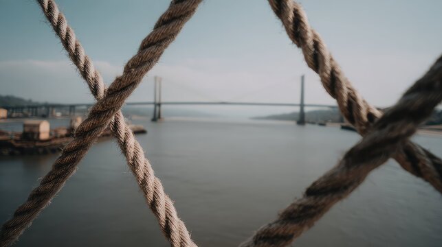 Coarse ropes creating an abstract criss cross pattern in the foreground, framing a long suspension bridge stretching across a broad waterway under a clear sky, suggesting travel and connection
