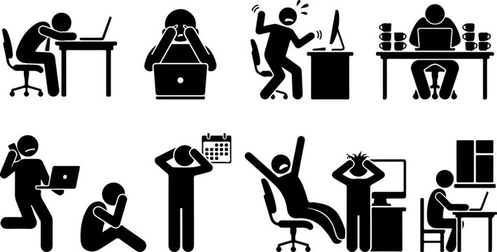 Set of stick figures showing office worker stress and burnout vector