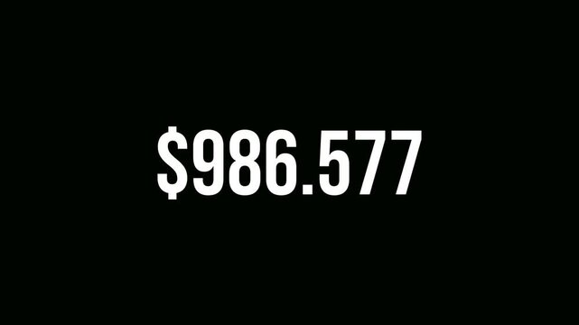 Five million dollar counting animation from zero to five million on a transparent black background, 0 to 5,000,000 dollar money counter animation with alpha channel in 4k. 
