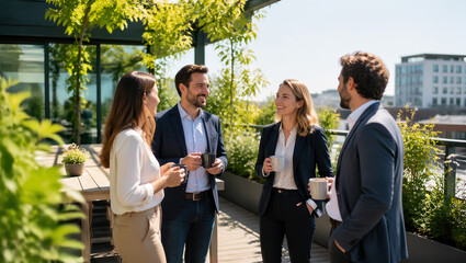 Diverse business team enjoying a refreshing coffee break on a modern outdoor office terrace surrounded by lush green spring plants on a bright sunny day, promoting collaboration and workspace