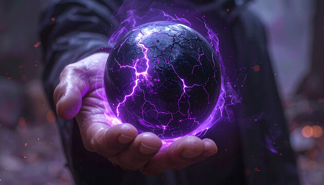 mano di persona adulta che regge una grande sfera di colore nero con scariche elettriche viola, su sfondo  scuro, illustrazione 3D