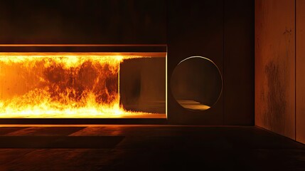 Fototapeta premium Modern minimalist room featuring a long, linear fireplace with vibrant flames, providing light and warmth to the contemporary space while creating a cozy and inviting ambiance