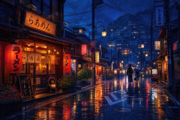 Obraz premium Couple strolling through vibrant Japanese ramen alley at dusk, illuminated by warm lanterns and neon signs, rainy evening ambiance with reflective wet pavement