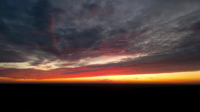 Sunset sky over rural landscape near Lochow town, Mazowsze region of Poland