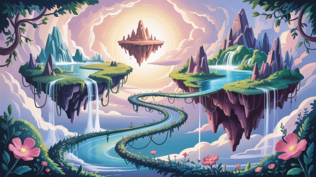 Enchanting fantasy landscape with floating islands connected by winding paths and waterfalls under a dreamlike sky.