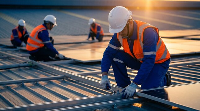 Professional Engineers Installing Sustainable Solar Energy Panels on a Modern Industrial Rooftop at Sunset
