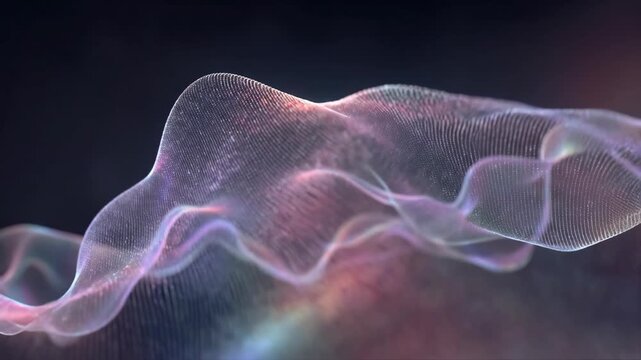 Abstract digital wave flowing in dark space. Glowing particle mesh shifting and morphing in sequence. Futuristic data connection and network technology visualization.