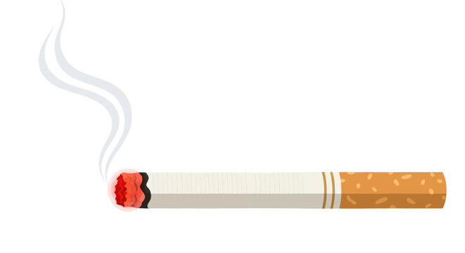 Burning cigarette with smoke on white background