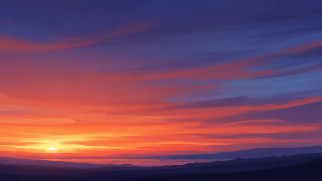 Vibrant digital painting of a dramatic sunset sky with intense orange and purple clouds over silhouetted rolling hills and distant water